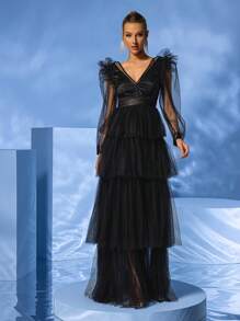YISIKADO Vestido Largo Con Mangas Largas, Cuello En V, Capas De Malla De Lunares Para Mujeres Para Fiesta De Baile Y Ocasiones Formales - Negro - Ver 6