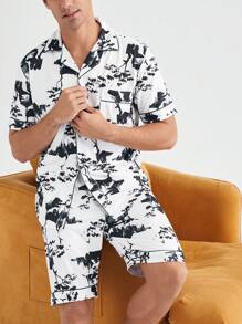 Men's Allover Print Button-Up Short Sleeve Top And Shorts Set, Summer Pajamas - Multicolor - View 7