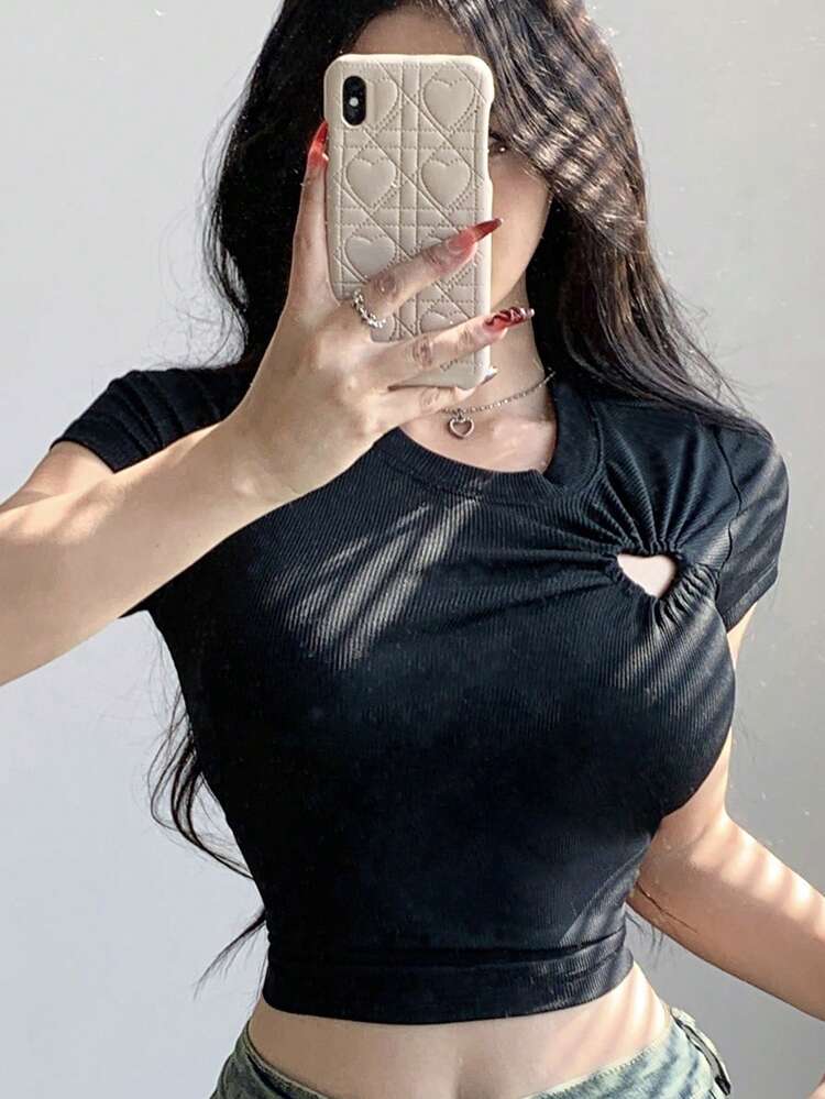 Cool And Stylish Women's Asymmetrical Cropped T-Shirt With Hollow Out Design And Waist-Tie For Summer