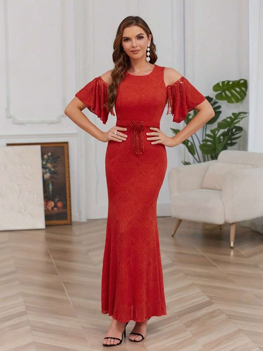 Zolique Summer Elegant Open Shoulder Fringe Patchwork Mermaid Dress - Red - View 1