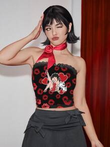 Betty Boop | ROMWE 卡通角色唇印花對比蕾絲筒上衣，夏季時尚單品 - 黑色 - 查看 5