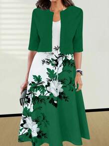 Chiquease Mid-Sleeve Jacket And Floral Printed Cami Dress Set - Dark Green - View 1