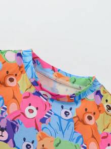 Conjunto de Camiseta Casual de Manga Curta com Estampa de Urso Jovem + Shorts em Denim Desgastado de Urso para Meninos Jovens