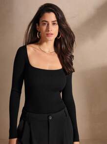 Anewsta 復古方領無縫修身長袖女式連身衣，適合打底穿著 - 黑色 - 查看 6