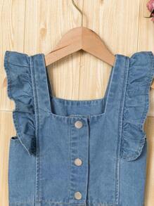 Young Girl Light Wash Denim Ruffle Hem Top And Shorts Set, Summer - Light Wash - View 3