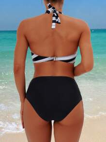 Swim Lushoire Bộ bikini sọc dây buộc cổ kỳ nghỉ dành cho nữ Bộ bikini gợi cảm, Bộ bikini hai mảnh, Bãi biển mùa hè - Đen và trắng - Xem 2