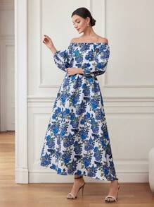 Mulvari Rochie de vară pentru femei, cu mânecă lanternă, cu imprimeu floral, lung, elegantă, pentru vacanță