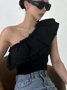 DAZY Women's Summer Fashion Solid Color Asymmetrical Neck Ruffle Trim Sleeveless Top Going Out Tops - Black - View 1