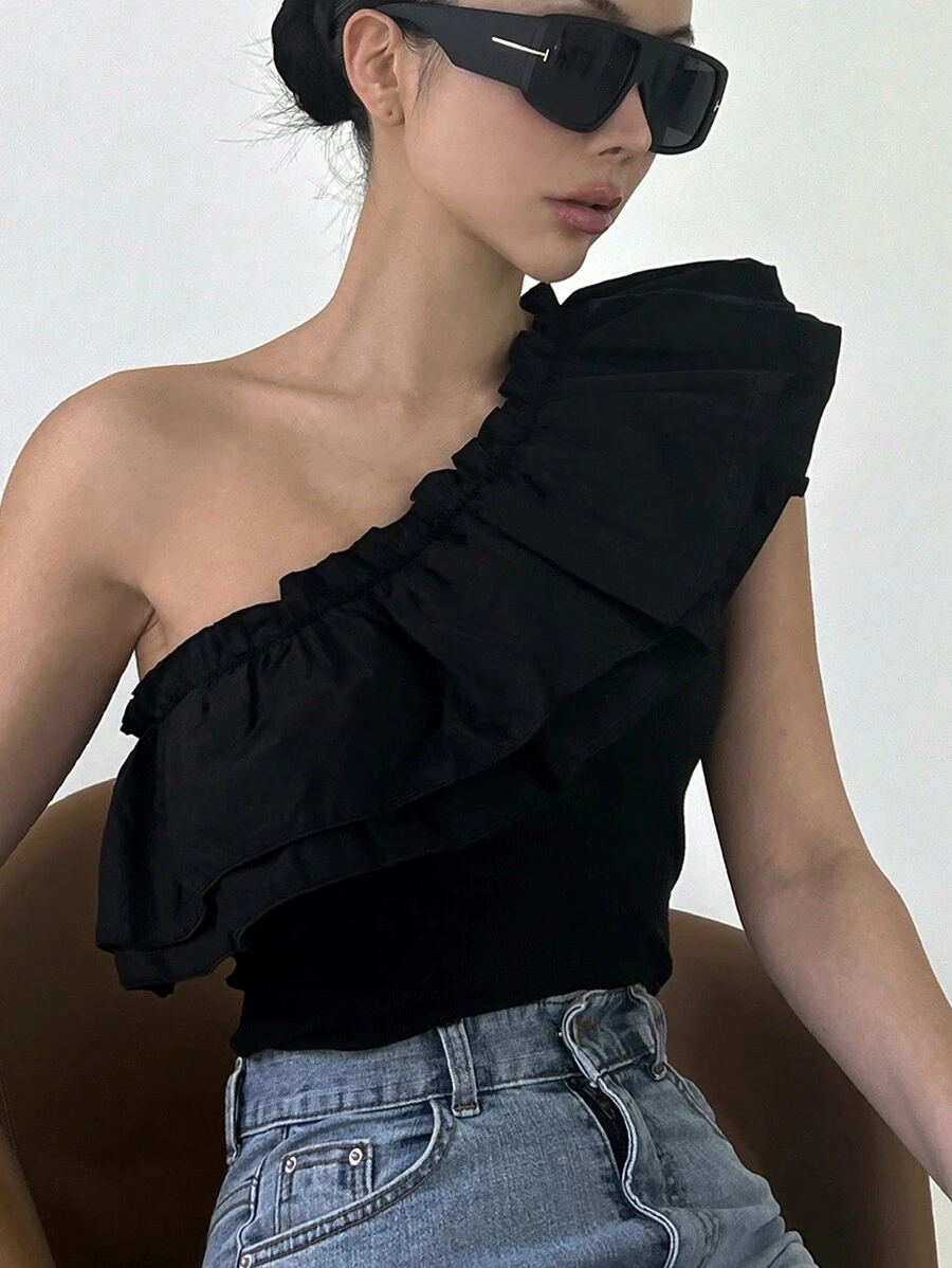 DAZY Women's Summer Fashion Solid Color Asymmetrical Neck Ruffle Trim Sleeveless Top Going Out Tops - Black - View 1