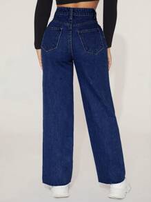 SHEIN PETITE Jeans casuales de pierna recta para mujer, perfectos para salidas diarias y viajes, con bolsillos laterales - Azul lavado oscuro - Ver 2