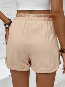 EMERY ROSE Bermudas informales de lino para mujer en unicolor con dobladillo enrollado, estilo de vacaciones - Caqui - Ver 2