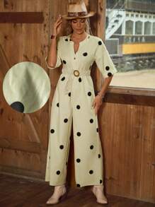 Breezaya Polka Dot Print Plunge Belted Jumpsuit, Vacation Style, Summer