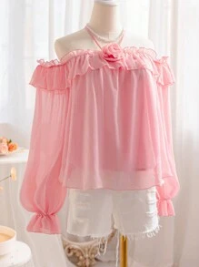 Soleia 大码浪漫乡村风女士初秋衬衫，粉色雪纺3D立体花卉装饰，露背系带，荷叶边领口，灯笼袖，宽松优雅的下午茶上衣，适合返校、音乐会、单身派对、感恩节等场合。 - 粉色 - 查看 5