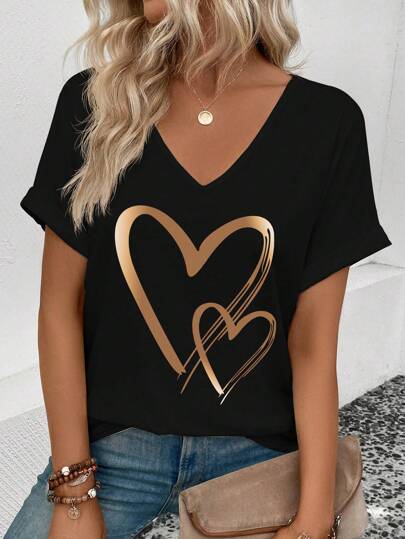 INAWLY Women's Summer V-Neck Love Pattern Tee With Folded Sleeves Graphic Tees Women Tops