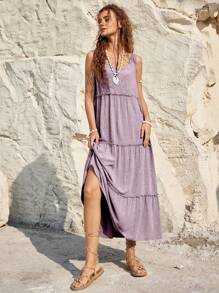 Bohemela 女性實色多層荷葉邊長款休閒無袖連衣裙，適用於度假 - 淺粉色 - 查看 5