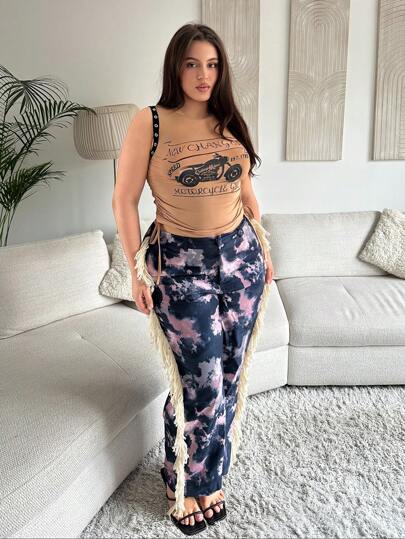 SHEIN SXY Plus Size Women's Tie-Dye Camouflage Abstract Print Post-Apocalyptic Style Cool Fringed Elastic Waist Straight-Leg Pants, Suitable For Summer, Date Night, Birthday, Bachelorette Party, Casual, Shopping, Streetwear, Going Out, Vacation, Beach, Easy To Match&Looks Slim, Flatter The Figure