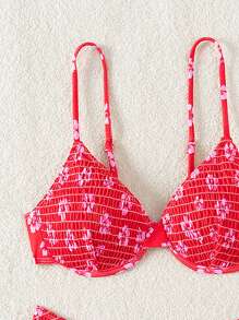 SHEIN Swim 女性印花有鋼圈比基尼套裝，非聚攏杯和性感設計 - 迷你花卉（隨機選擇），適用於海灘度假 - 紅色 - 查看 5