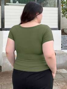 Dazy Plus Plus Size Solid Color Slim Fit Short Sleeve T-Shirt With Half-Open Placket And Square Collar Summer,Crop Tops Women - Green - View 2