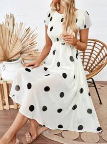 SHEIN LUNE Summer Long White & Black Polka Dot Bodycon Party Elegant Women's Dress - White - View 4