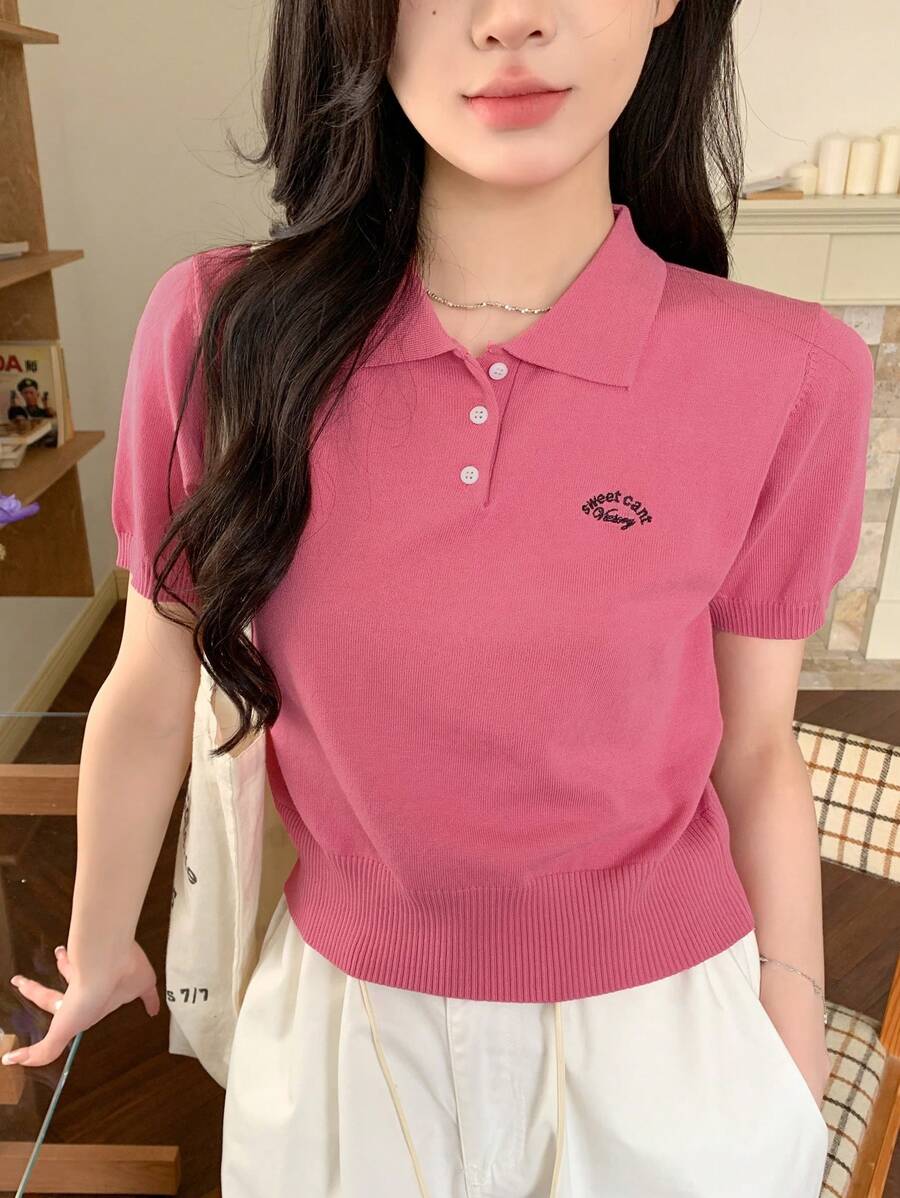 DAZY Women's Fashionable Solid Color Short Sleeve Knit Polo Shirt,Back To School Clothes