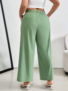 SHEIN Essnce Große Größen Sommerhosen für Damen, weite Beine Lässig Straight-Leg Hosen für Country Konzerte, grüne Schlupfhosen, Lehrerin - Grün - Übersicht 2