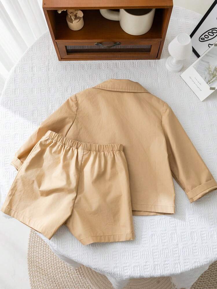 Baby Boy Cute Simple Color Gentleman Style Suit, Long Sleeve Jacket With Loose Shorts