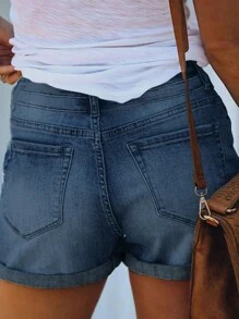 Women 2-Button Basic Pocket Denim Shorts - Dark Wash - View 2