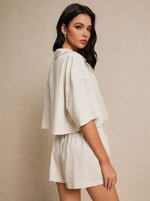 SHEIN Frenchy 3pcs Set Comfy Texture, Short Sleeve Shirt And Shorts Set, With Cropped Tank, Summer Vacation Season, Comfy, Boho, Beach Women Outfits, Swimwear Cover Up, Fashion, Elegant, Leisure, Simple Daily, Cottagecore, Solid Color, Holidayleisure, Modest, Bachelorette, Summer Top, Suitable For Vacation Casual