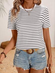 SHEIN LUNE Camiseta básica casual para mujer con cuello redondo y rayas negras y blancas para el verano