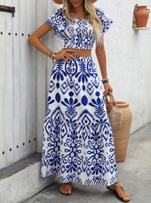 Breezaya Women's Holiday Allover Print Square Neck Blouse And Ruffle Hem Skirt Set