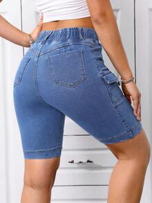 Y2K Style Women's Stretchy Casual Versatile Street Utility Multi-Pocket Elastic Waist Denim Bermuda Shorts, Spring/Summer