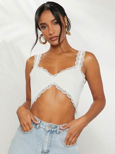 Hauture Crop Cami Top With Lace Trim Detail