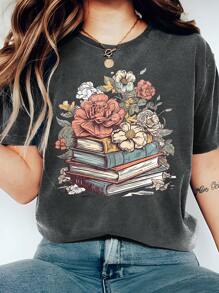 INAWLY Summer Top With Book And Flower Pattern Printed, Suitable For Women's Teacher's Day T-Shirt - Dark Grey - View 1
