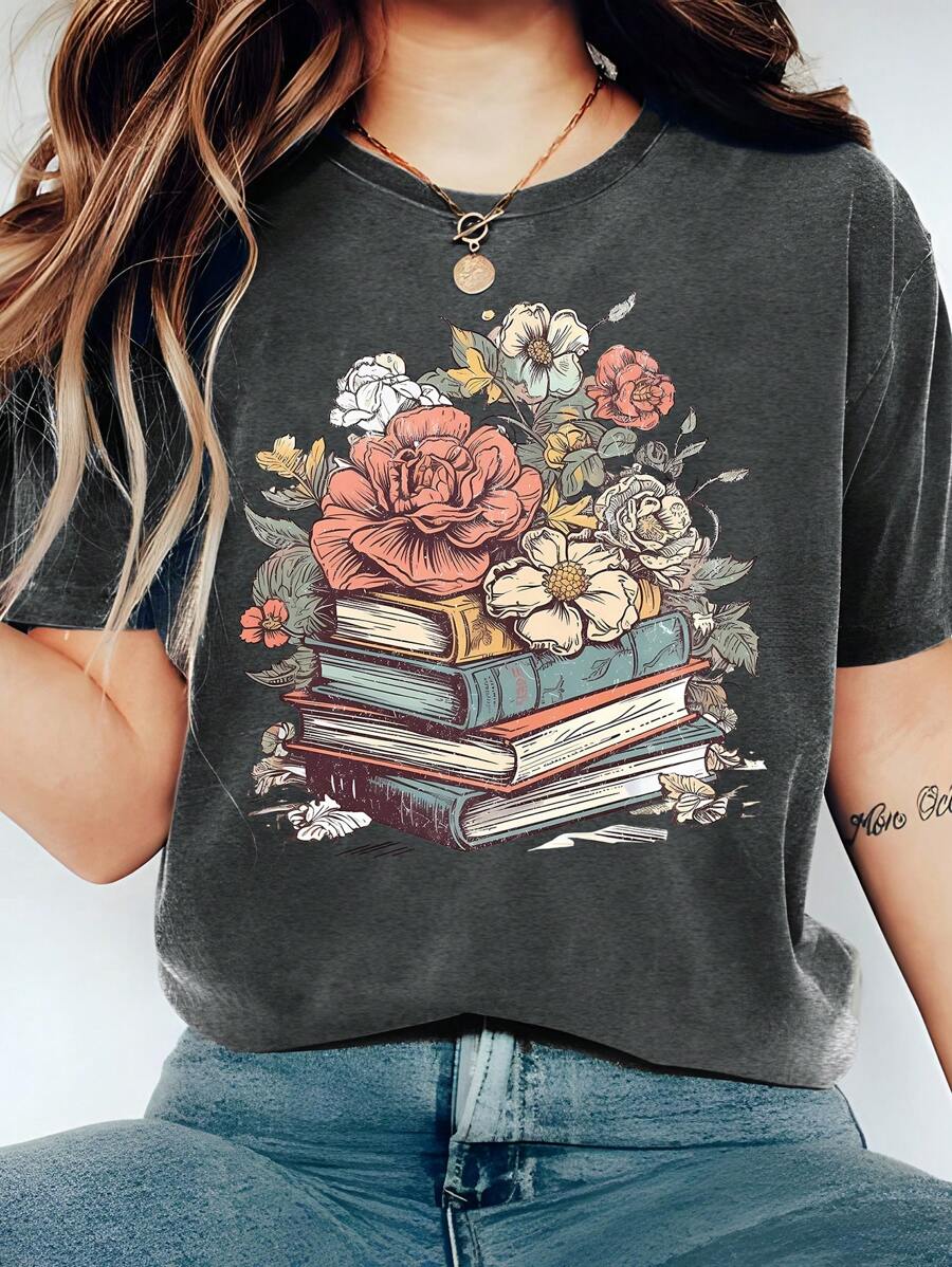 INAWLY Summer Top With Book And Flower Pattern Printed, Suitable For Women's Teacher's Day T-Shirt - Dark Grey - View 1