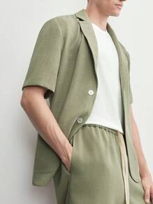 AKNOTIC Business Casual 易護理男士編織商務休閒聚酯氨彈力斜紋布實色西裝外套，配有凸起翻領和短袖，適用於夏季 - 綠色 - 查看 7