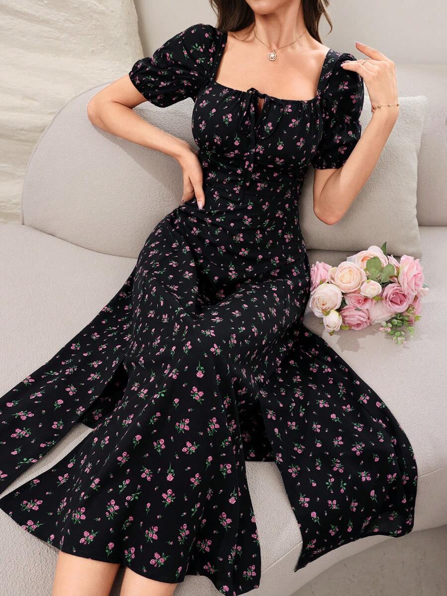 Modelyn 女士方领碎花开衩节日夏季短袖连衣裙长款晚礼服 - 黑色 - 查看 1