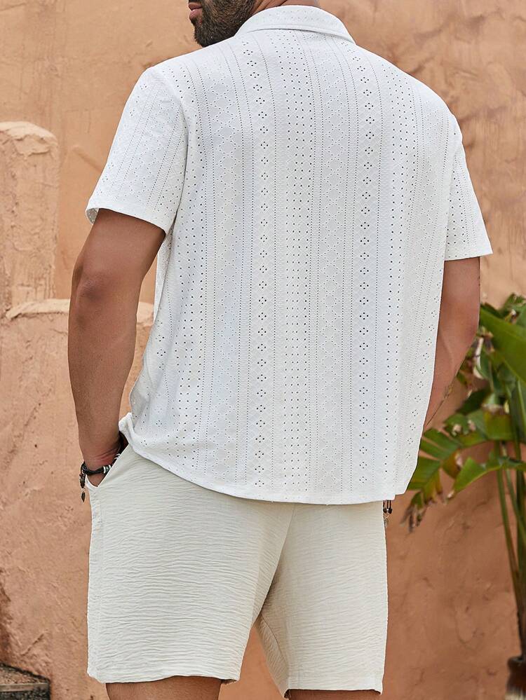 Men Plus Size Holiday Casual Solid Color Hollow Embroidery Short Sleeve Shirt And Shorts Set