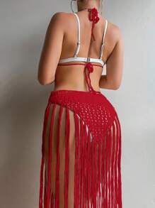 SHEIN Swim 2025 女式节日纯色镂空拼接流苏下摆吊带波西米亚风连衣裙流苏连衣裙红色性感连衣裙钩针连衣裙夏季 - 紅色 - 查看 2