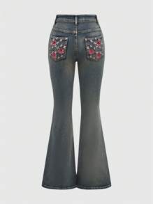 ROMWE Jeans acampanados con bordado de flores de enredadera de rosas de cintura baja para mujer con bolsillos - Azul lavado medio - Ver 1