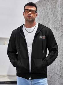 Manfinity Homme Men's Plus Size Drawstring Hoodie With Letter Print And Zipper, Long Sleeve - Black - View 3