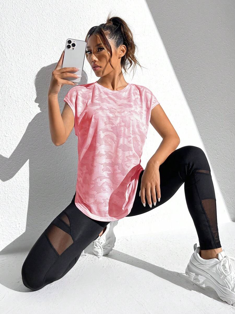 Gameset SHEIN Sport Mock Neck Letter & Tie Dye Print Crop Sports Tee Fitted Shirt Workout Tank Top Gym Women Shirts