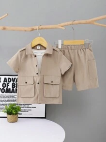 SHEIN 2 Piezas Conjunto De Camisa Y Pantaloneta Casual Y Deportivo Para Jóvenes. Con Cuello De Pie, Bolsillos 3d. Adecuado Para Uso Diario, Escuela, Viajes Y Deportes En Primavera Y Verano - Caqui - Ver 6