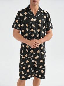 Conjunto de verano para hombre con mangas cortas y pantalones cortos con estampado completo para uso en el hogar