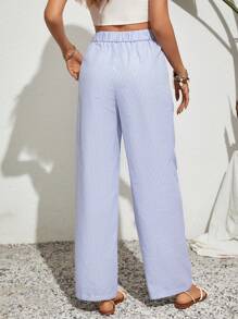 SHEIN VCAY 女士條紋印花休閒日常長褲 - 藍白色 - 查看 2