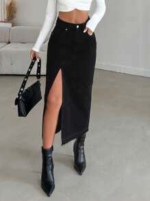 EURMUSE 高衩牛仔半身裙 - 黑色 - 查看 6