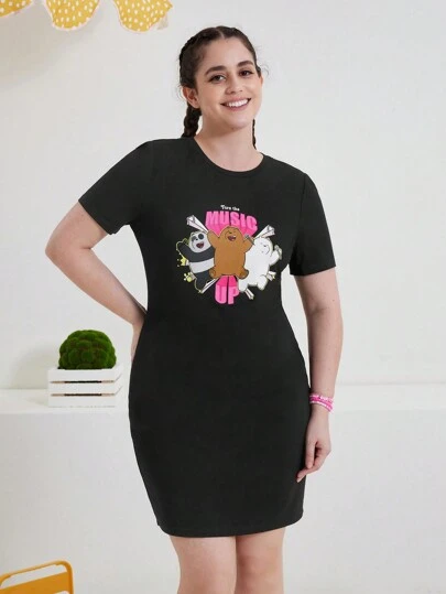We Bare Bears X SHEIN Plus Size Music Festival Tight Fit Cartoon And Letter Graphic Bodycon Dress For Summer