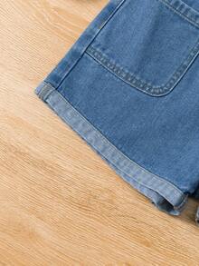 Conjunto para niña preadolescente de camisa de mezclilla azul con bordado de manga corta y pantalones cortos lavado mediano - Azul lavado medio - Ver 5