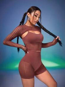 SHEIN Sports 3pcs/Set Plain Round Neck Hollow Out Crop Top + Sleeveless Spaghetti Strap Cami Top + Shorts Sports Outfit - Red - View 6