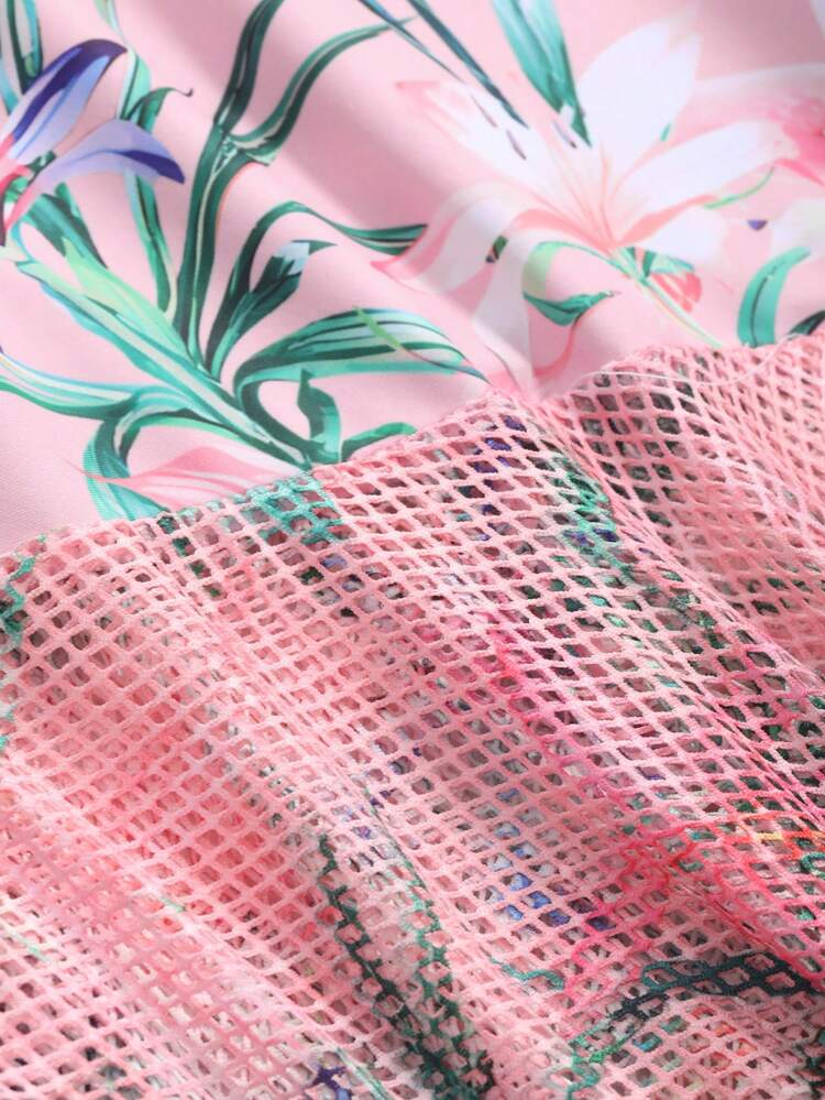 Women's Summer Beach Flower Printed Patchwork Fishnet Asymmetric Cover-Up Skirt,Ruffle Vacation Floral Boho