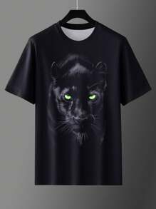 Manfinity Dauomo 男士獅子印花圓領短袖休閒T恤，夏季 - 黑色 - 查看 3